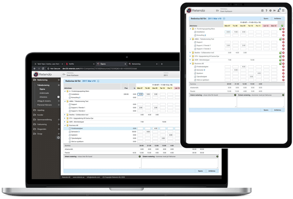 Retendo Business - Time & Project management interface